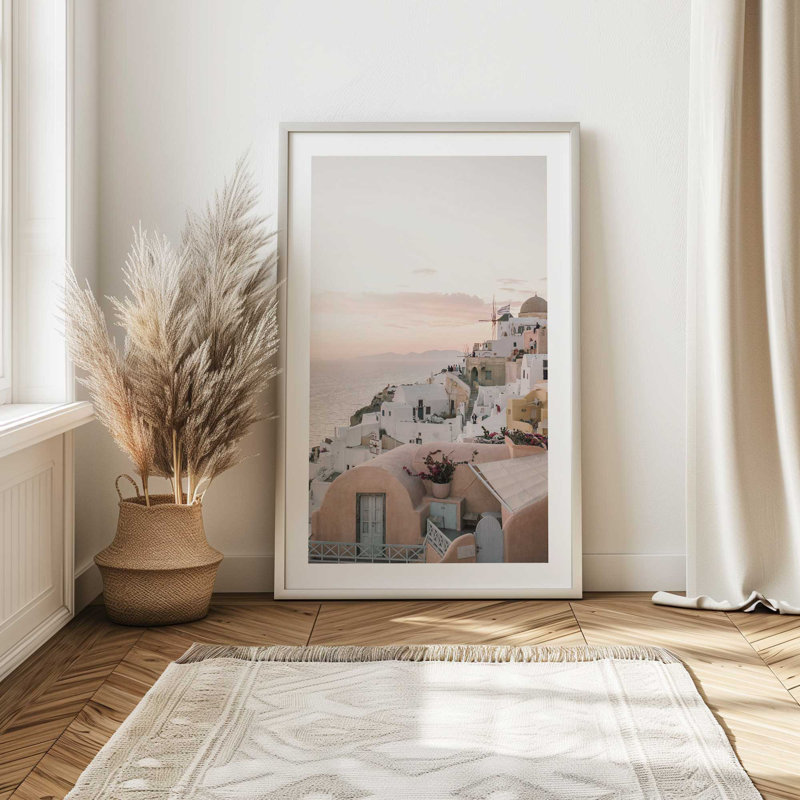 Coucher de soleil sur Santorin, H 25 po x l 19 po x P 1,25 po, Cadre noir satiné
