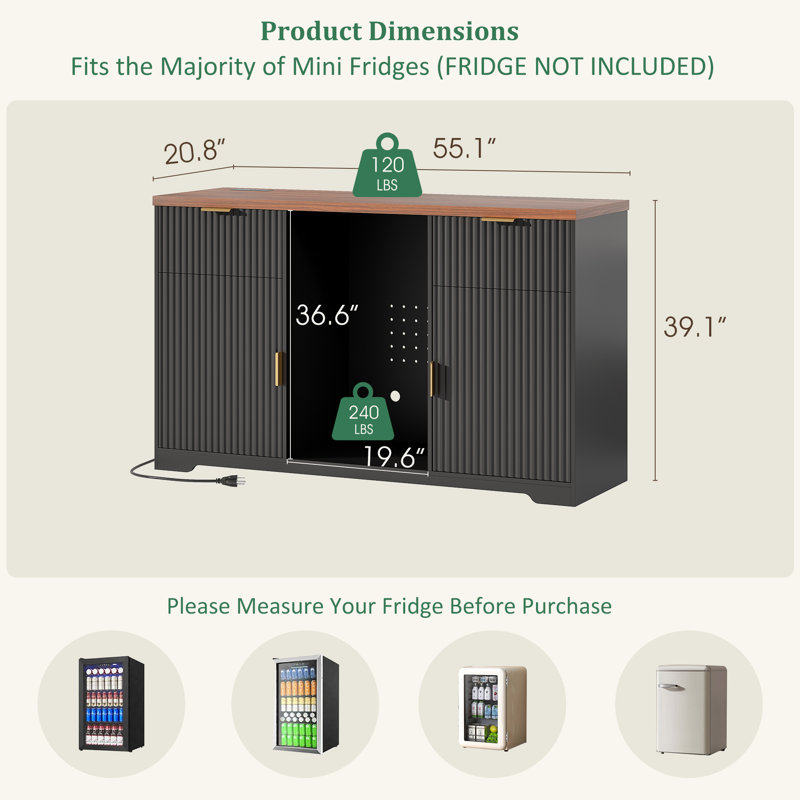 Armoire-bar à vin de 55 po avec station de charge, support à vin et réfrigérateur, buffet cannelé avec tiroirs pour la cuisine, la salle à manger et le salon