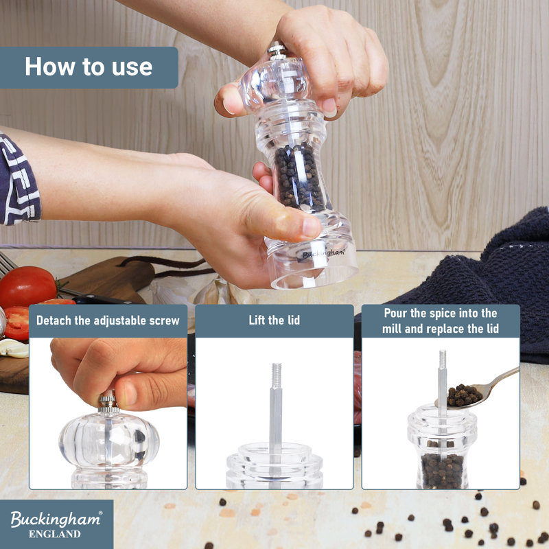 Buckingham Acrylic Salt Pepper Mill Adjustable Spices Grinders Mechanism