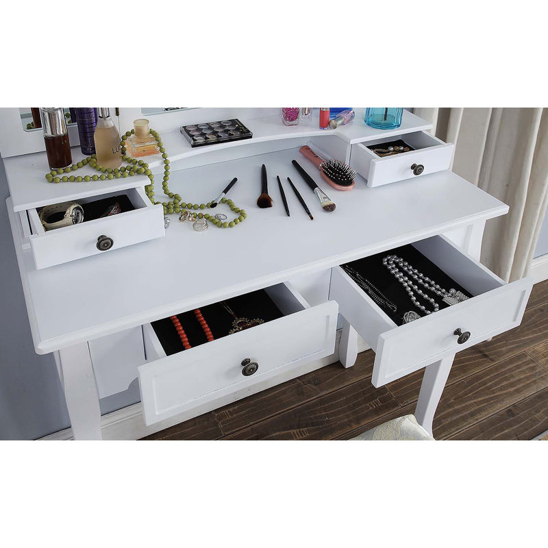 Ensemble coiffeuse et tabouret en bois Sanlo, White