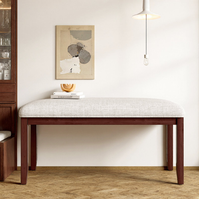 Anakin Linen Upholstered Bench with Rubberwood Legs, Cherry