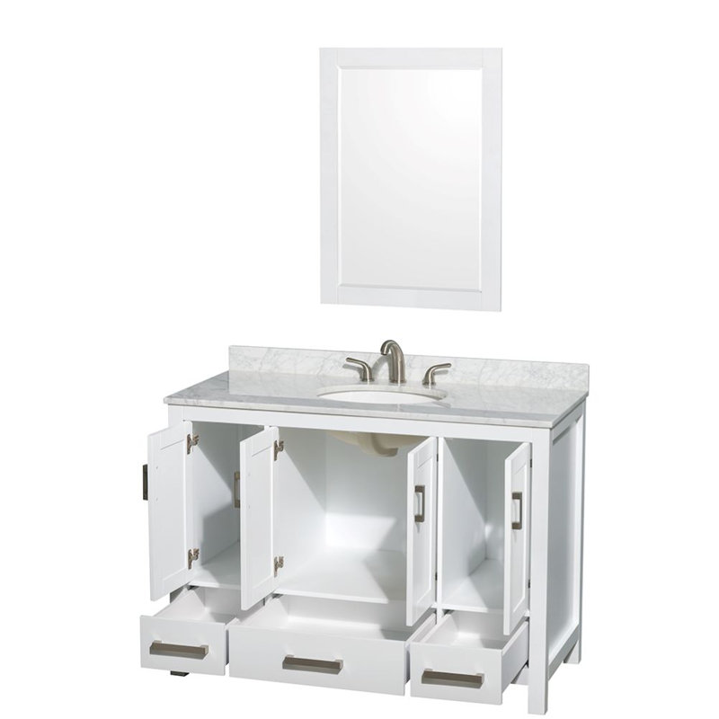 Sheffield 48" Freestanding Single Bathroom Vanity with Marble Top with 24" Mirror, White Carrara Marble, White