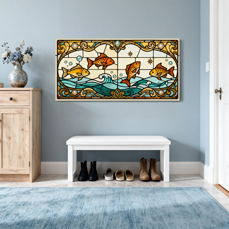 Motif de vitrail tendance, vagues de l'océan, H 20 po x l 40 po