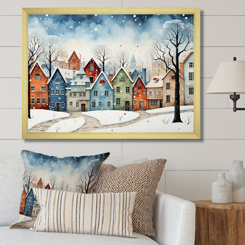 Multicolor Frosty City In Winter I - Winter Landscape, art mural, Cadre doré à coins fermés, H 34 po x l 44 po x P 1,5 po