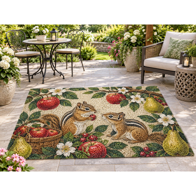 Tapis d'extérieur 152 x 213 cm (5' x 7') à motifs écureuil, pommier et poirier, en PVC épais et imperméable, à boucles, idéal pour terrasse, balcon, entrée, VR ou autre espace extérieur. Séchage rapide.