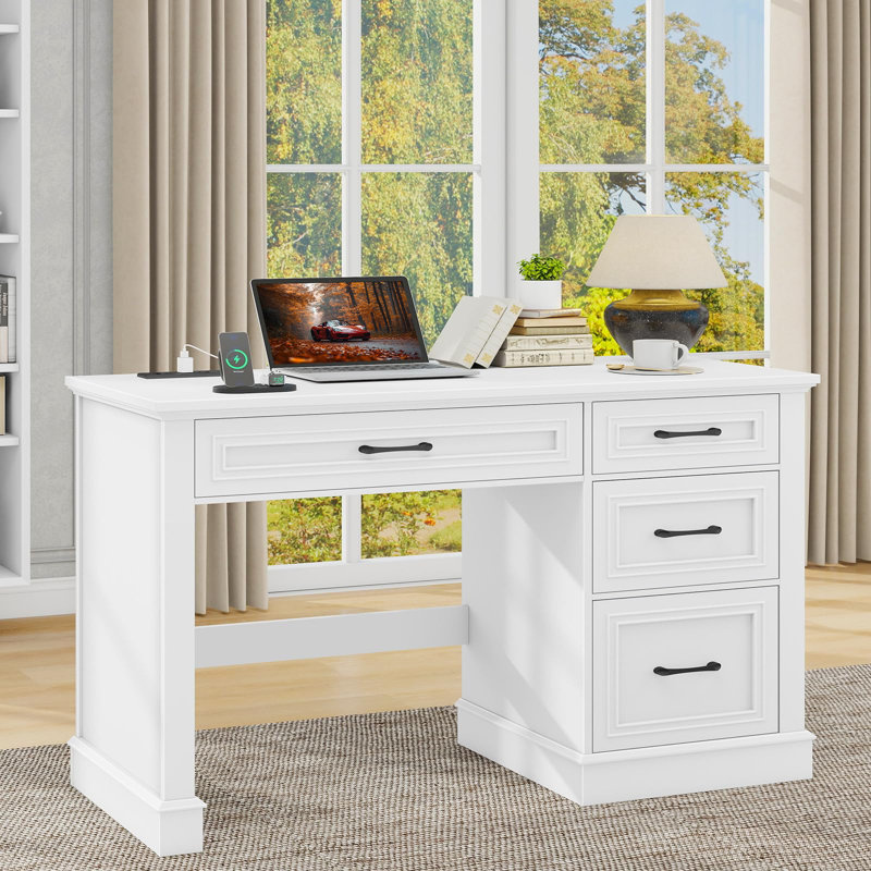 Farmhouse 47" Executive Desk With Charging Station, White