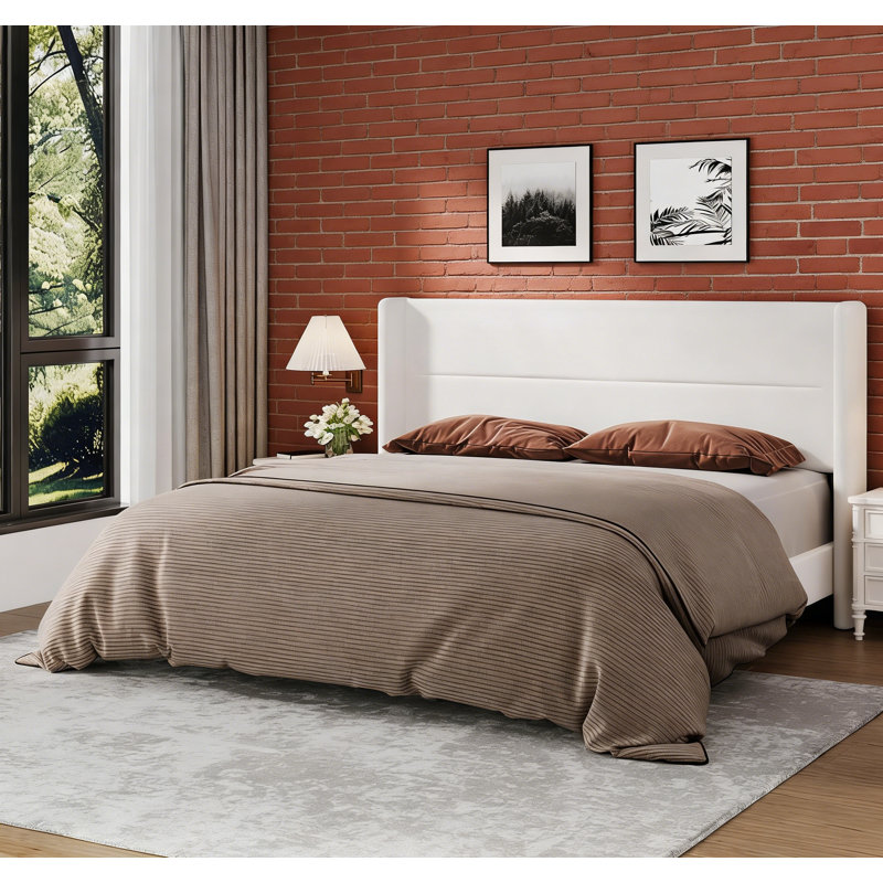 Lit plateforme tapissier en velours, Blanc, Très grand lit
