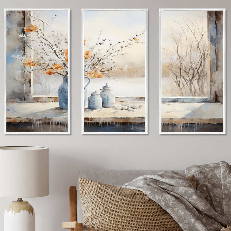 «Cottage In Winter Window Charm I», art mural fenêtres de ferme, Cadre flottant blanc, H 28 po x l 36 po x P 1 po