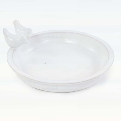 Handmade Ceramic Bird Bath, 11.8 Inch Glossy White Outdoor Bowl with Vintage Bird Ornaments for Garden and Yard Decor