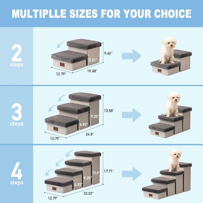 Escaliers pour chiens pour petits chiens, escaliers pour animaux avec rangement et marches réglables pour lits hauts et canapé, rampe pour petits chiens et chats, gris à 4 marches
