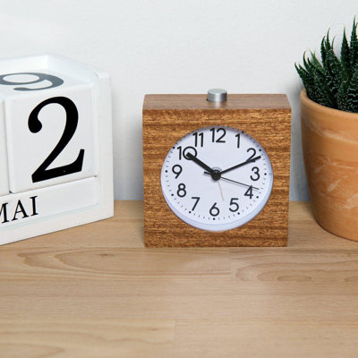 Wood Analogue Alarm Clock - Square Battery-Operated Non-Ticking Clock With Snooze Button And Light - Dark Brown