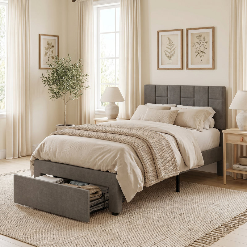 Lashawnda Modern Style Fabric Upholstered Bed Twin Size Platform Bed With Storage Drawer, Gray