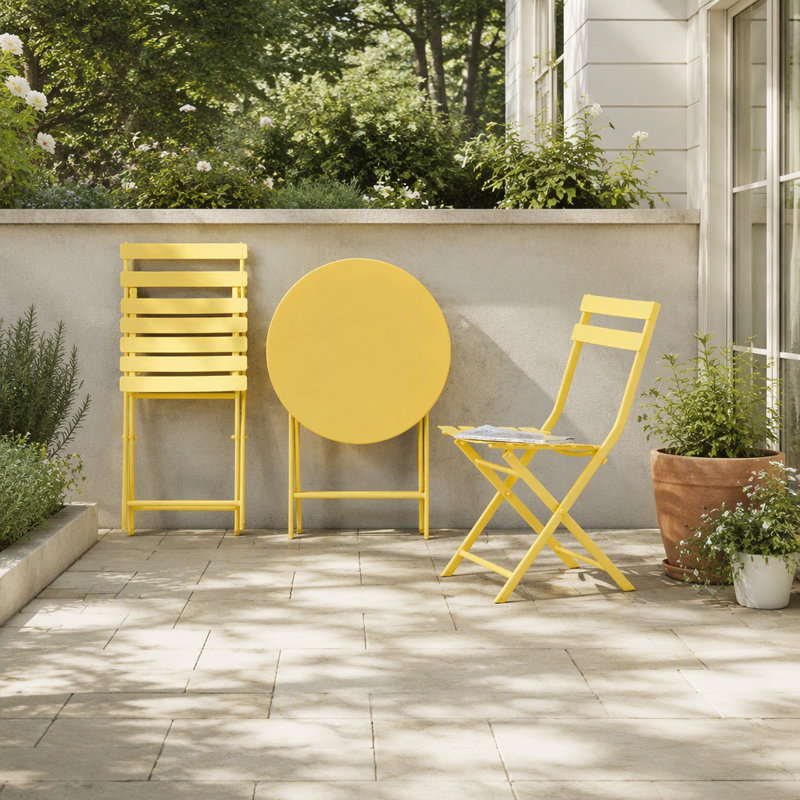 Foldable Round Metal Patio Bistro Set with Comfortable Wide Backrest Chairs for Outdoor Indoor Use