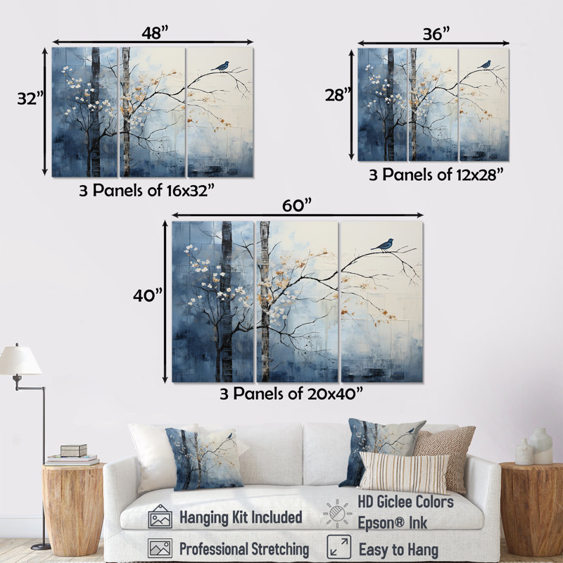 Minimalisme beige et bleu campagne III - ensemble d'art mural sur toile campagne, H 32 po x l 48 po x P 1 po, Toile tendue