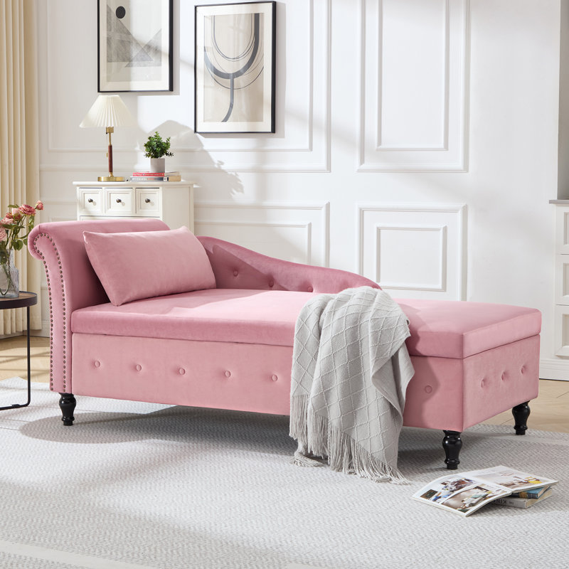 Méridienne surdimensionnée rembourrée en velours avec rangement caché L 74 po Maci, Orienté à droite, Rose