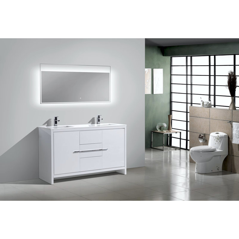 Meraris Double Bathroom Vanity with Quartz/Ceramic Undercount Sink Top, High Gloss White