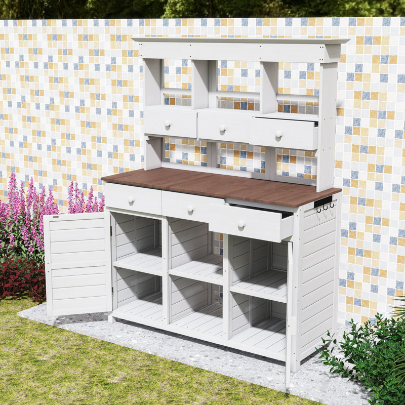 Table de jardin haute avec huche, 6 tiroirs, tablettes, 2 armoires et crochets, Blanc