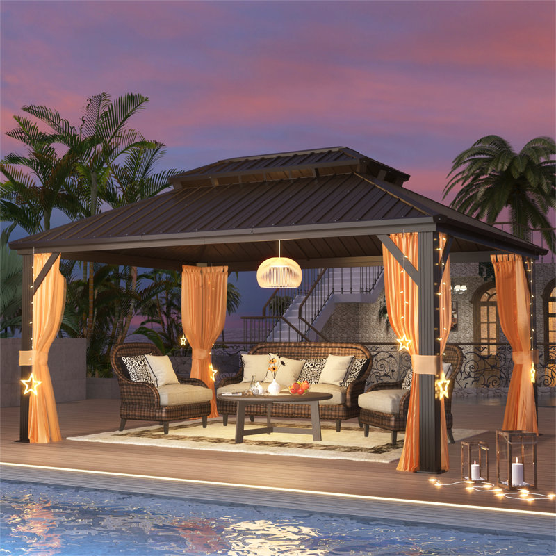 Gazebo de terrasse en aluminium de 4,9 m de large x 3,7 m de profondeur avec housse d'hiver toutes saisons – Gazebo rigide en métal avec moustiquaire et toile imperméable Oxford 300D, porte enroulable à fermeture éclair, fenêtres en filet, transformable en espace de rangement étanche