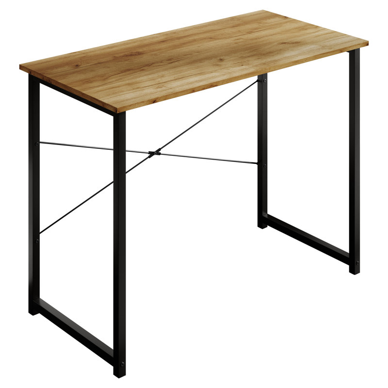 39 Inch Metal Writing Desk, Light Oak, 29.33" H x 39.37" W x 19.68" D