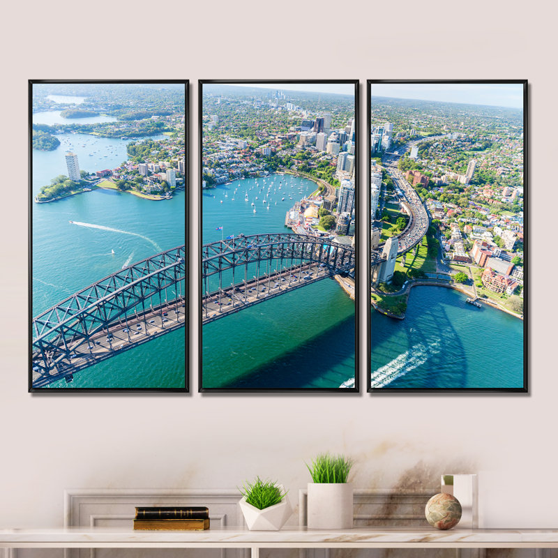 Sydney - Vue aérienne - ensemble de 3 toiles d'art encadrées, Noir, H 32 po x l 48 po x P 1 po