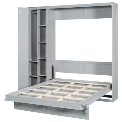 Bed With Shelves, Wardrobe, Led Lights - Gray For Efficient Living Spaces And Soft Space Saver