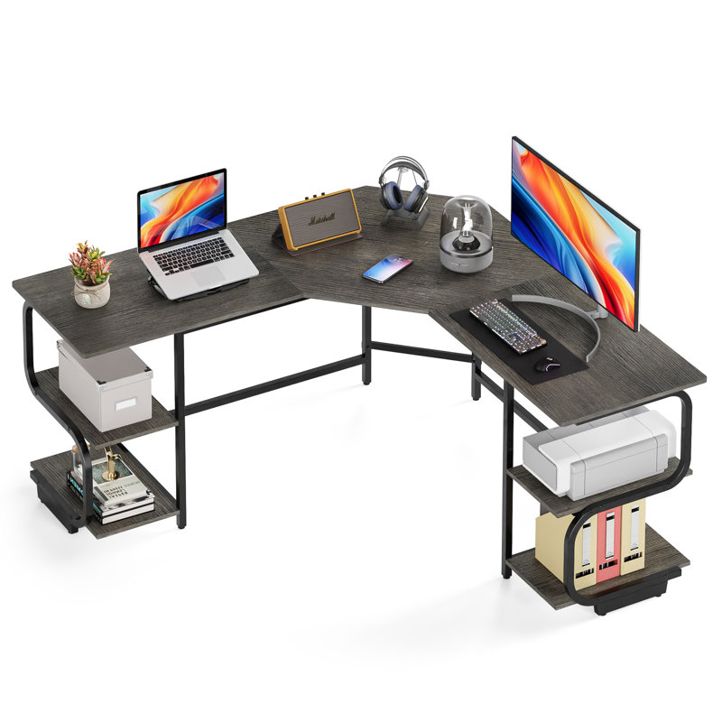 L Shaped Desk With Shelves, Reversible Corner Computer Desk, 64.84" Executive Desk, Gray/Black