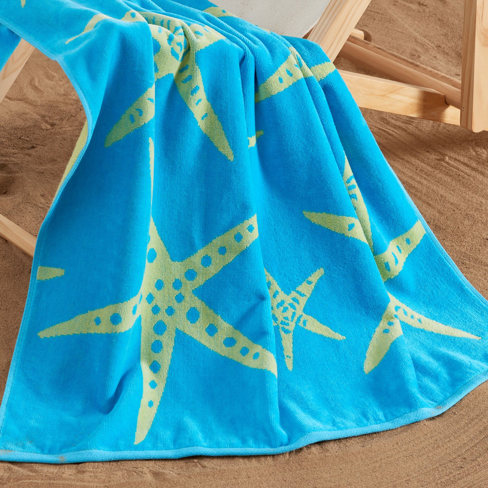 2-Piece Jacquard Cotton Beach Towel Set, Blue/Yellow Starfish & Stripe