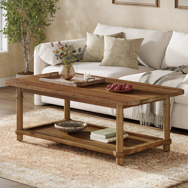 47" Solid Wood Coffee Table, Rectangle Centre Table With Carved Legs, Brown