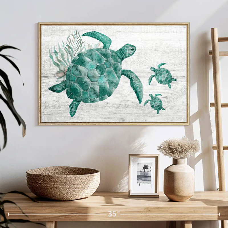 Famille de tortues en bois, 25 po x 17 po, Cadre flottant en bois naturel