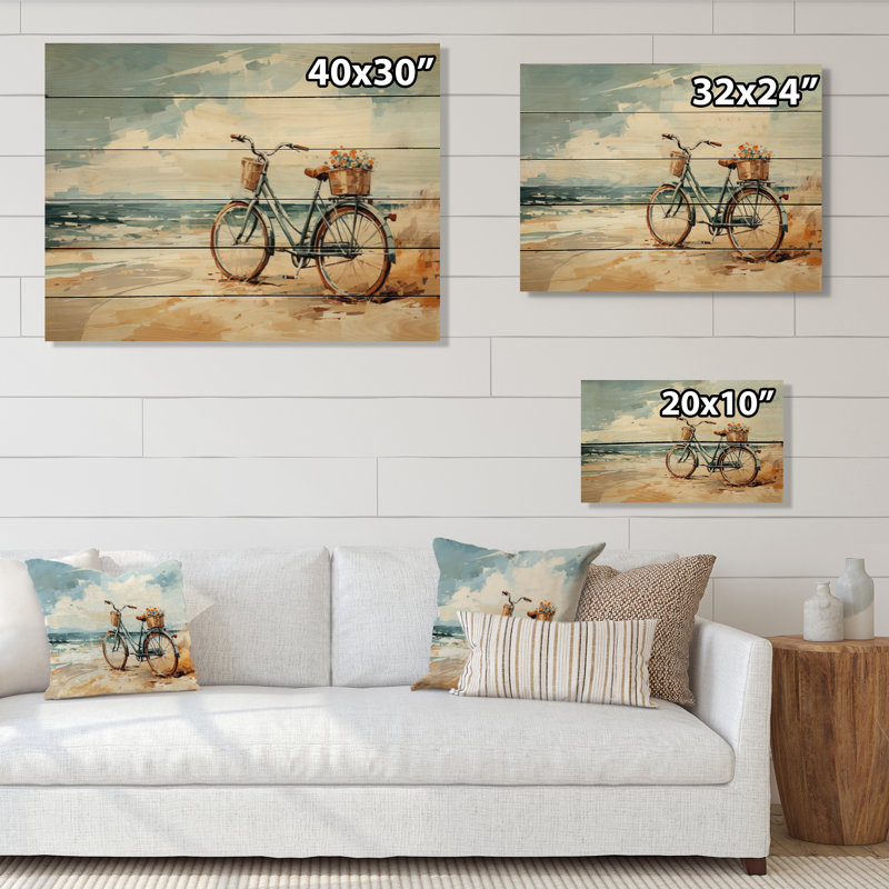 Sagan, bicyclette, pédalage tranquille près de la plage II sur bois, H 10 po x l 20 po x P 0,78 po