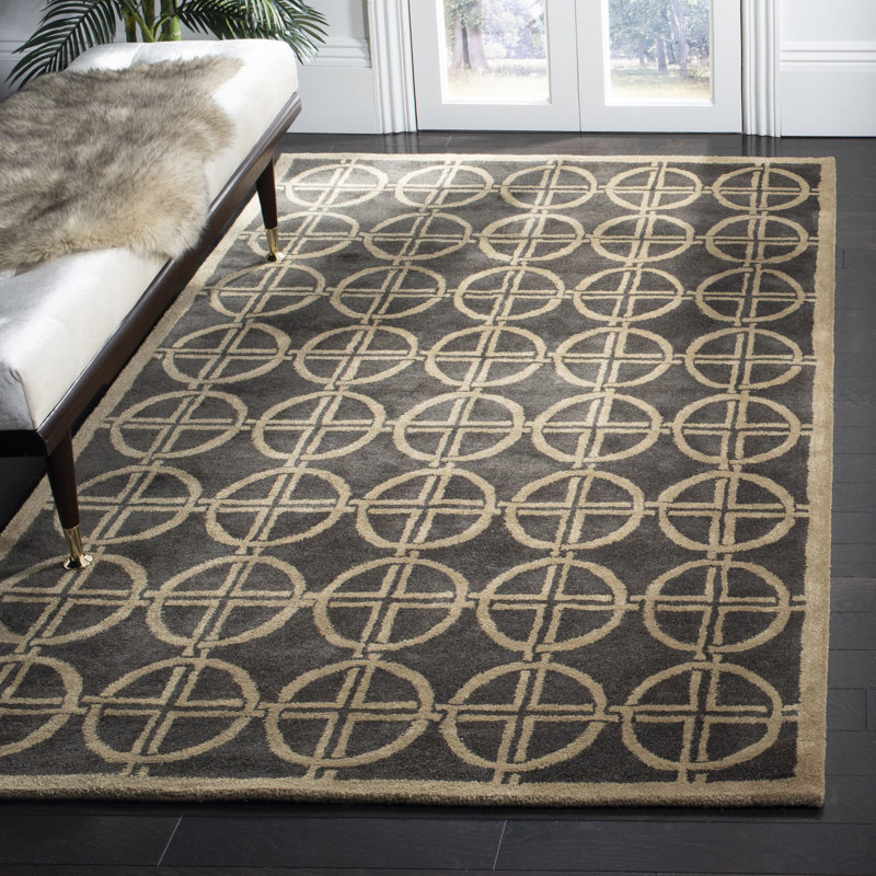 Tapis brun / doré en laine touffeté à la main à motif géométrique Simryn, Rectangle 7 pi 6 po x 9 pi 6 po