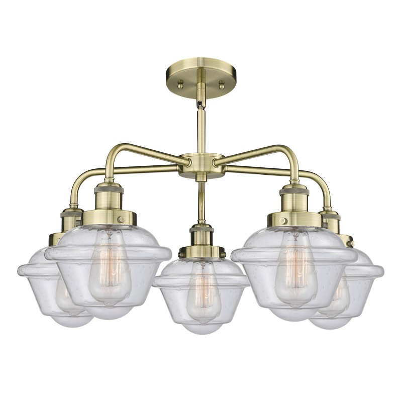 Grourke 5 - Light Glass Dimmable Chandelier, Antique Brass, Seedy