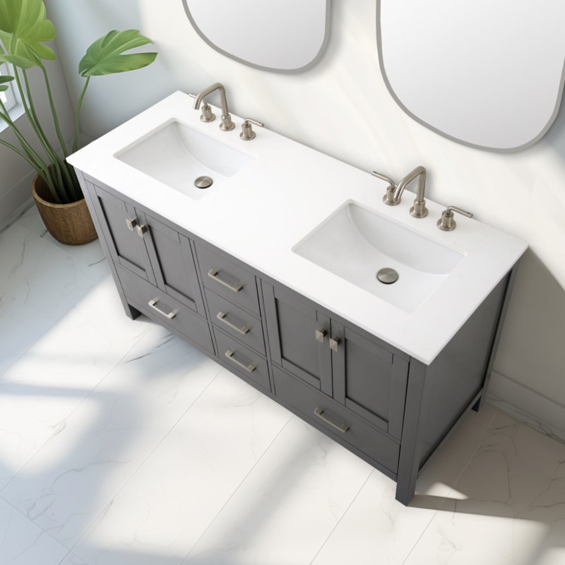 Meuble-lavabo double 60 po avec plateau en quartz blanc Philant, 30 cm H x 20 cm L