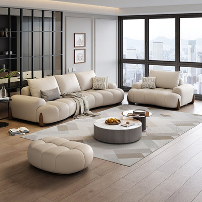 Beige Genuine Leather 3 - Piece Living Room Set