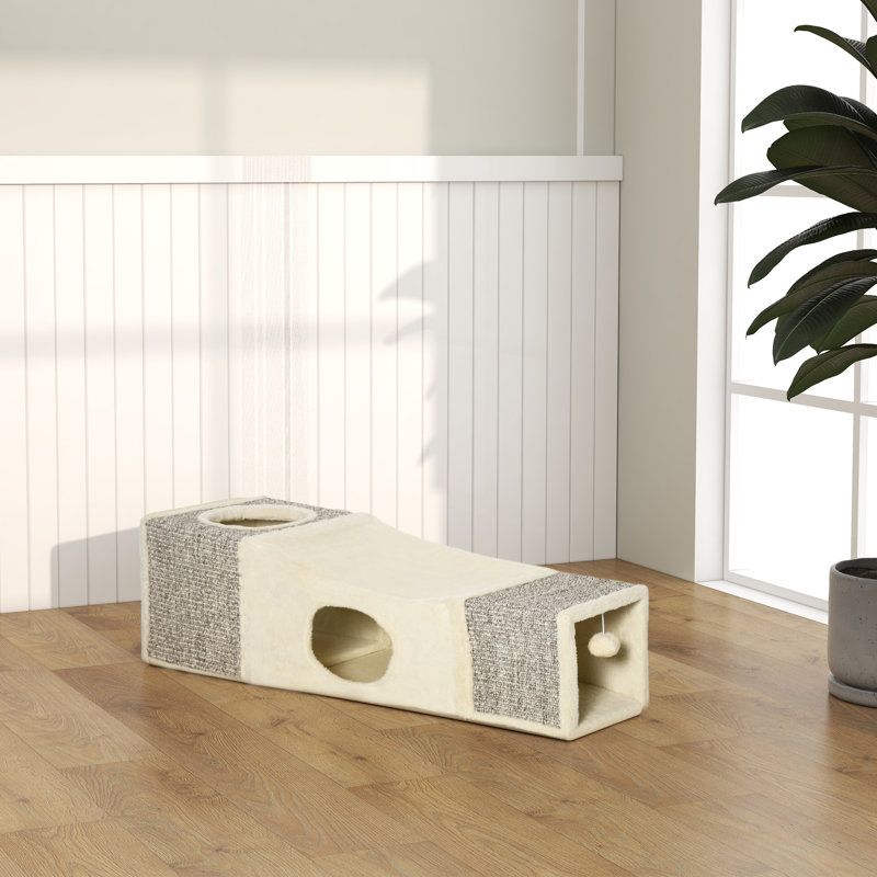 Tunnel pour chat en peluche avec deux grottes et boule suspendue, blanc crème
