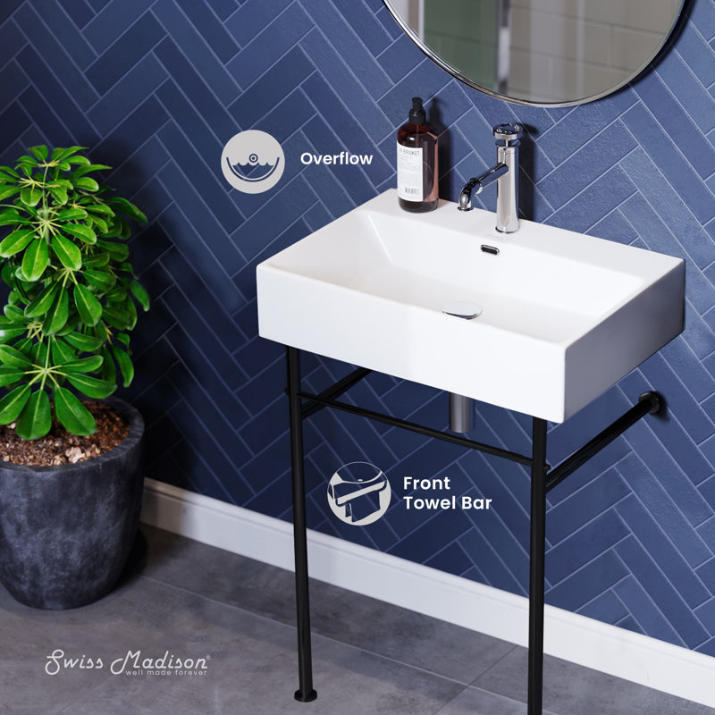 Claire 24" Ceramic Console Sink, White Basin Black Legs, with Overflow Drain SM-CS771, White/Black