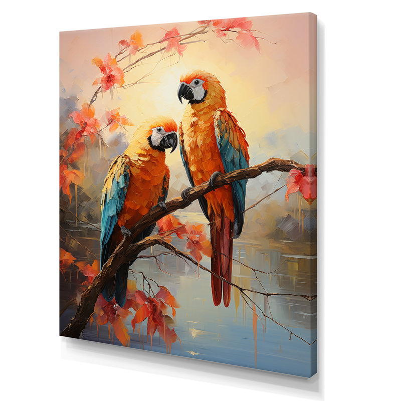 Perroquets coucher de soleil sérénade sur toile, Toile tendue, 20" H x 12" W