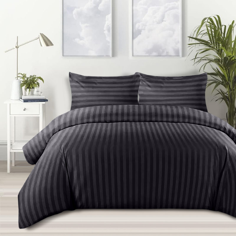 Stripe Duvet Cover Complete Bedding Set - Microfiber Duvet, Fitted Sheet & Pillowcases, Black Striped