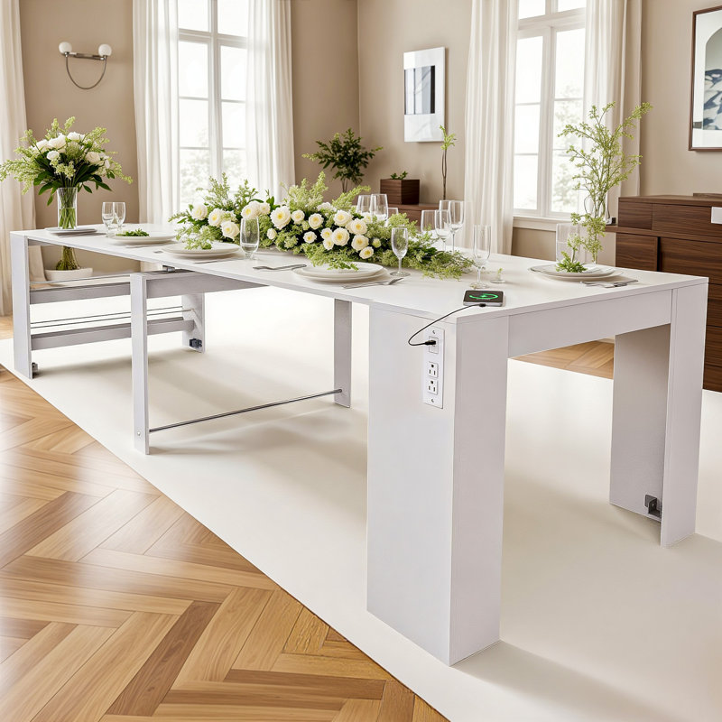 Table de salle à manger pliable extensible 20-118 "avec ports de charge USB et tablettes de rangement latérales, Blanc