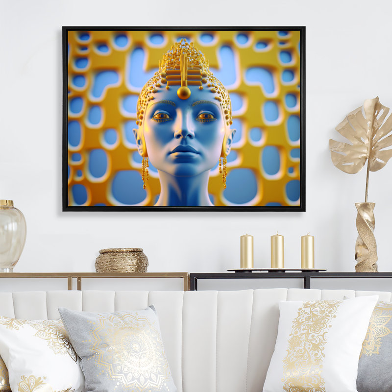 Bouddha contemporain en or et bleu V - reproduction sur toile, H 30 po x l 40 po x P 1,5 po, Toile avec cadre flottant noir