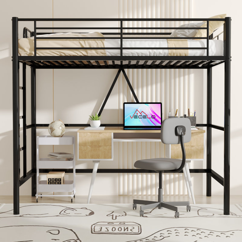 Loft Bed Twin Size With Built-In Ladder Full-Length Guardrails, Metal Slats Support Small Space Saving For Bedroom, Dorm, Teens, Or Small Apartments, Black