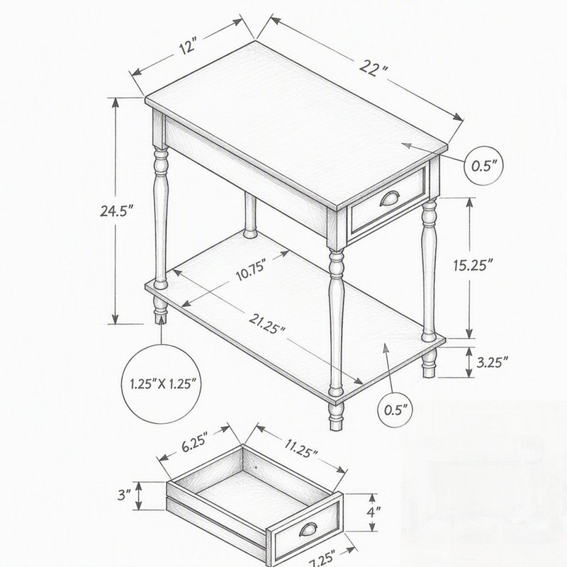 Table d'appoint en placage à 2 niveaux avec rangement, parfaite pour les espaces étroits et la chambre à coucher