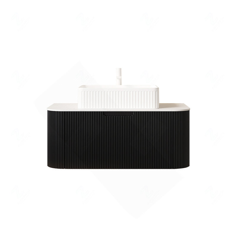 Meuble-lavabo et lavabo 36 po, armoire de rangement à contreplaqué à bordures flottantes rayées avec tiroir, lavabo rectangulaire en céramique blanche et plateau en pierre frittée blanche, pré-assemblé noir
