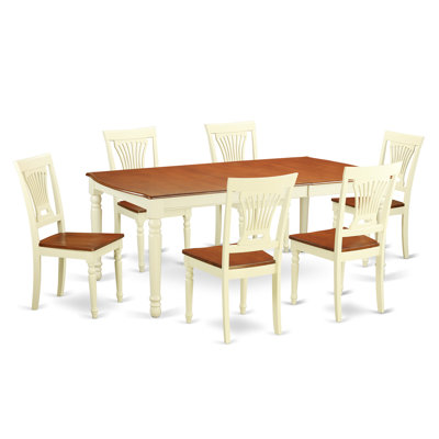 7 Piece Dining Table Set consists of a Rectangle Dining Room Table with Butterfly Leaf and 6 Wood Seat Chairs, 42x78 Inch, Buttermilk & Cherry