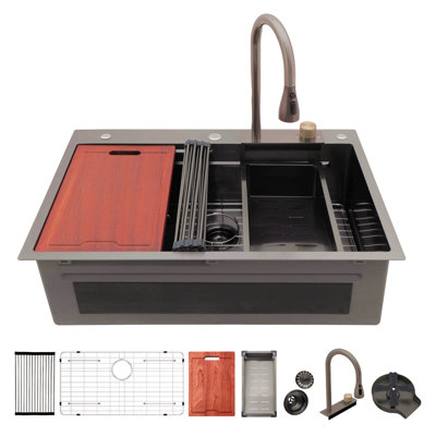 Évier de cuisine à cascade encastré en acier inoxydable noir Gunmetal