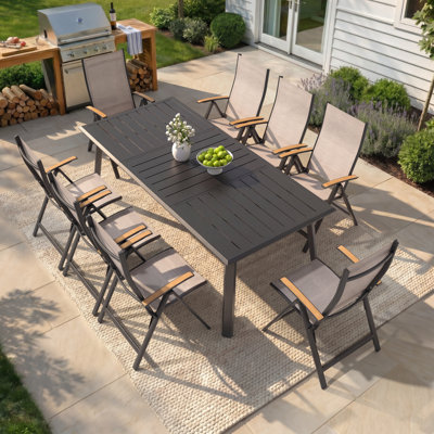 Ensemble repas pour 8 personnes en aluminium avec fauteuils inclinables et pliables