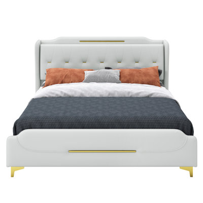 Queen Size Bed Frame In Grey Pu Leather, Wingback Headboard, 4 Inches Underbed, No Spring Box, Easy Assembly Upholstered With Headboard & , Metal Reinforcement, Slats, Luxury Appeal