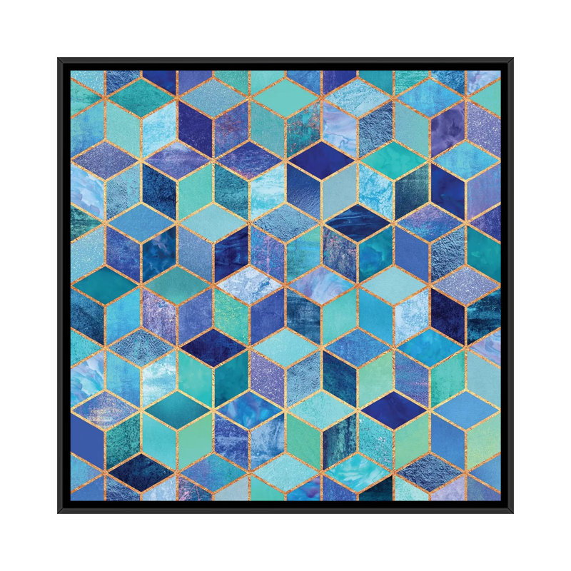 « blue cubes », impression sur toile, H 18 po x l 18 po x P 1,5 po, Toile avec cadre noir, Pas de tapis