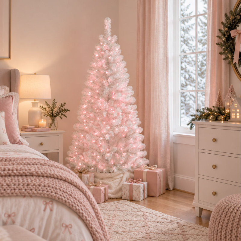 Arbre de Noël blanc de 5 pieds avec lumières DEL roses et bleues