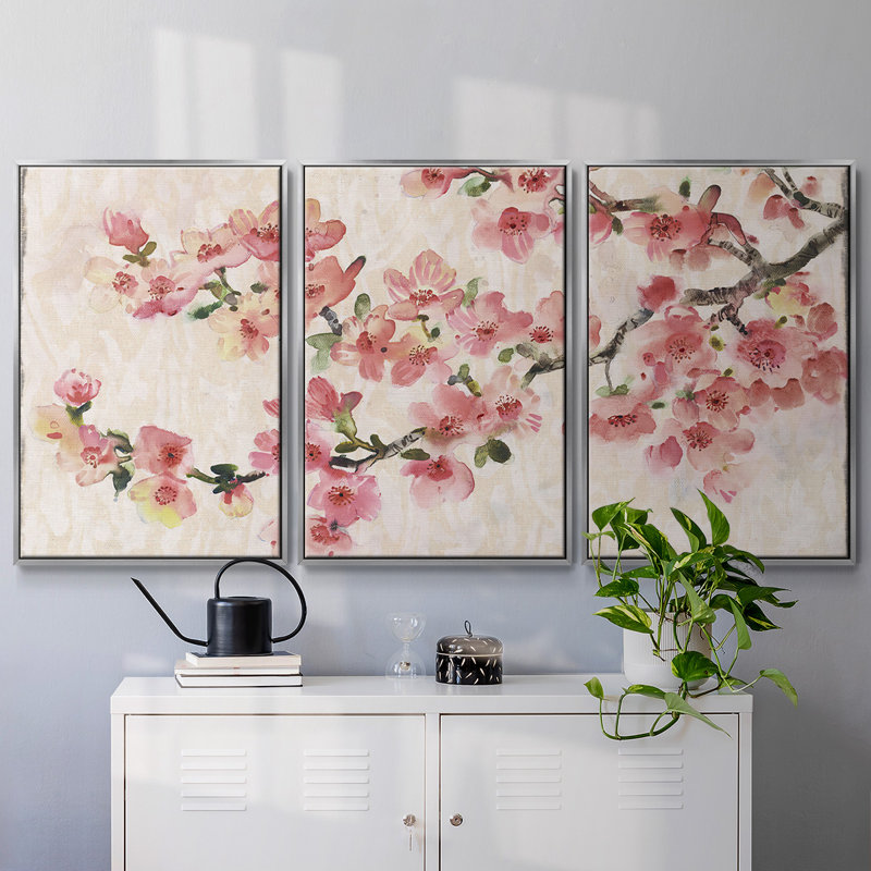 Composition de fleurs de cerisier I - Toile encadrée multi-pièces, H 24 po x l 48 po x P 2 po, Argent